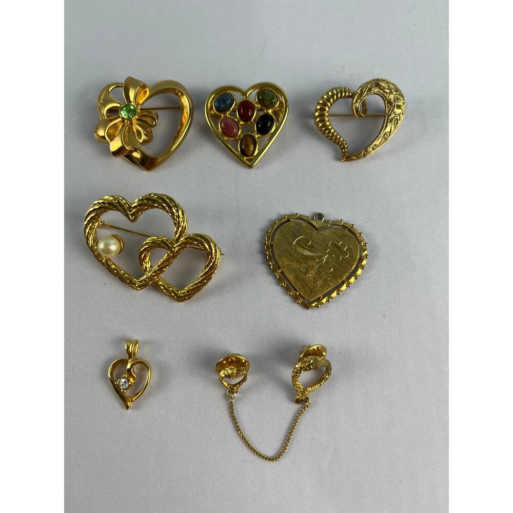 VTG Heart Brooch and Pendant Lot Gold Tone Scarab Avon AAI Boho Cottage Core